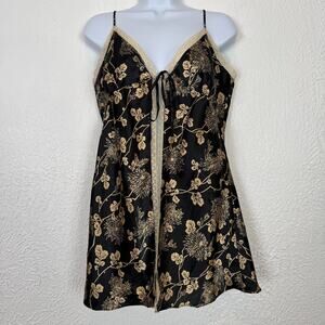 Victoria's Secret Vintage Y2K Black Floral Satin Lace Trim Tie-Front Slip Large